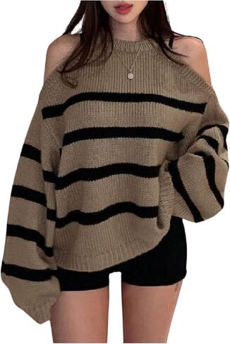 Verdusa Women's Striped Cold Shoulder Oversized Sweaters Streetwear Colorblock Pullover Knit Tops in Saudi Arabia
