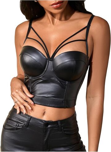 OYOANGLE Women's Pu Leather Cut Out Camisoles Strappy V Neck Backless Fitted Cami Crop Tops in Saudi Arabia