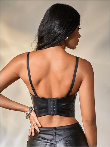 OYOANGLE Women's Pu Leather Cut Out Camisoles Strappy V Neck Backless Fitted Cami Crop Tops in Saudi Arabia