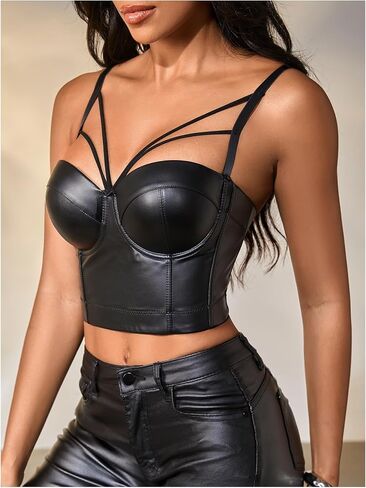 OYOANGLE Women's Pu Leather Cut Out Camisoles Strappy V Neck Backless Fitted Cami Crop Tops in Saudi Arabia