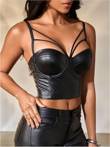 OYOANGLE Women's Pu Leather Cut Out Camisoles Strappy V Neck Backless Fitted Cami Crop Tops in Saudi Arabia