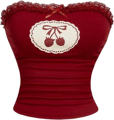 GORGLITTER Women's Strawberry Strapless Tube Tops Lace Trim Bow Sleeveless Cherry Bandeau Crop Tops Outfits in Saudi Arabia