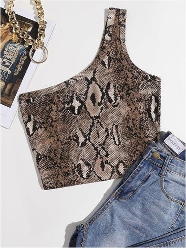 Women's One Shoulder Snakeskin Graphic Crop Top Animal Print Sleeveless Summer Tank Tops in Saudi Arabia