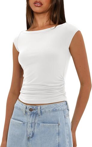 Darong Women's Summer Boat Neck Tops Cap Sleeve Slim Fitted Modal Basic Tee Trendy Casual Shirts in Kuwait