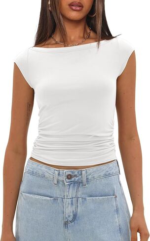 Darong Women's Summer Boat Neck Tops Cap Sleeve Slim Fitted Modal Basic Tee Trendy Casual Shirts in Kuwait