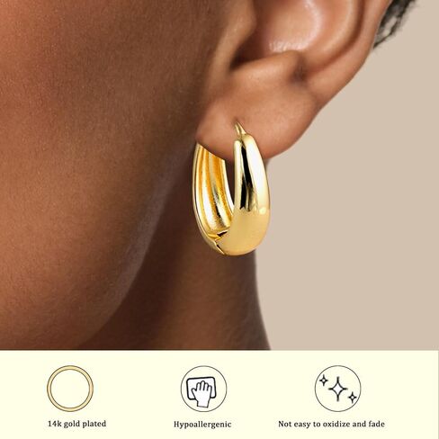 14K Gold Chunky Teardrop Shaped Oval Huggie Hoop Earrings for Women Large hoops in Saudi Arabia