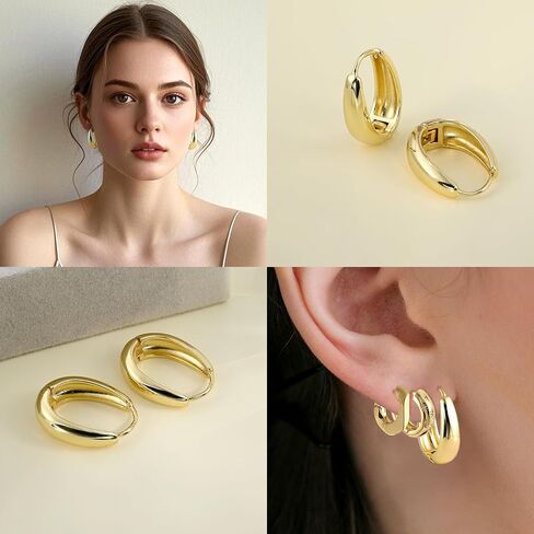 14K Gold Chunky Teardrop Shaped Oval Huggie Hoop Earrings for Women Large hoops in Saudi Arabia