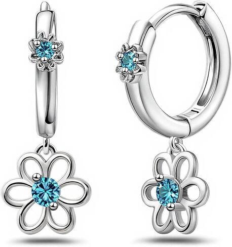 Blue CZ Daisy Hoop Earrings S925 Sterling Silver Flower Dangle huggie Earrings Dainty Hypoallergenic Floral Jewelry Gifts for Daughter Birthday Wedding in Saudi Arabia