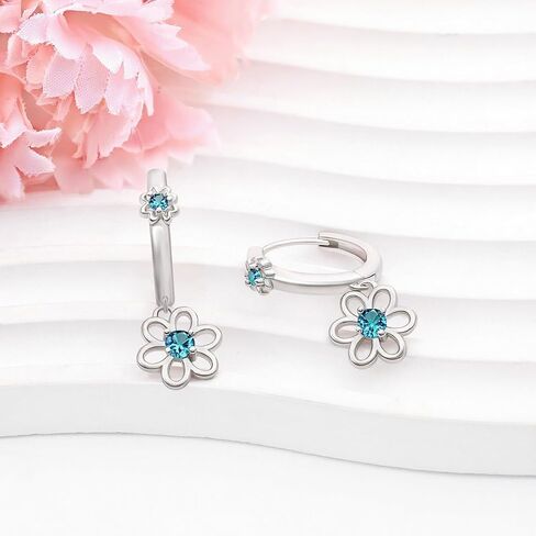 Blue CZ Daisy Hoop Earrings S925 Sterling Silver Flower Dangle huggie Earrings Dainty Hypoallergenic Floral Jewelry Gifts for Daughter Birthday Wedding in Saudi Arabia