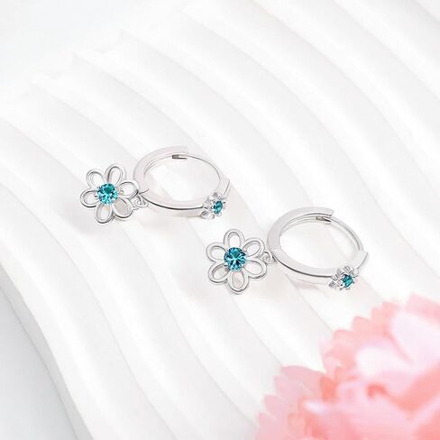 Blue CZ Daisy Hoop Earrings S925 Sterling Silver Flower Dangle huggie Earrings Dainty Hypoallergenic Floral Jewelry Gifts for Daughter Birthday Wedding in Saudi Arabia
