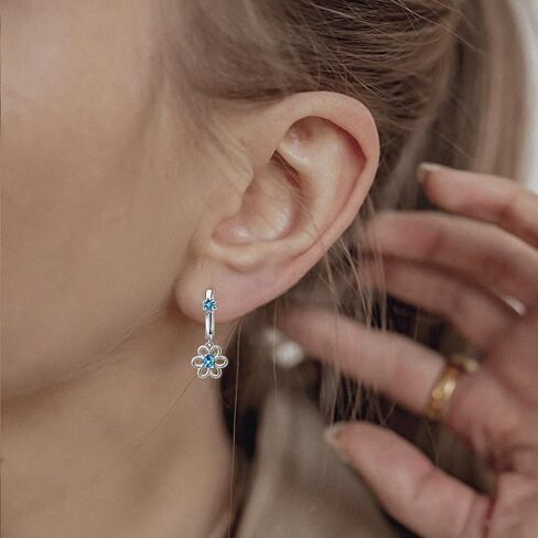 Blue CZ Daisy Hoop Earrings S925 Sterling Silver Flower Dangle huggie Earrings Dainty Hypoallergenic Floral Jewelry Gifts for Daughter Birthday Wedding in Saudi Arabia