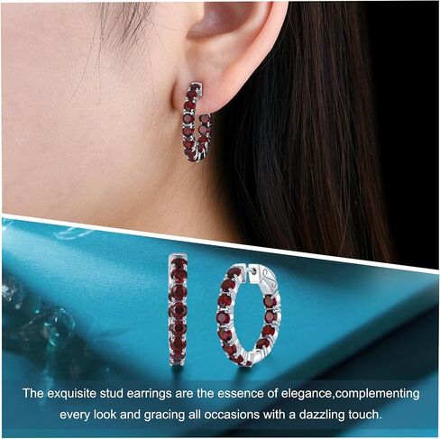 Hoop Earrings for women 925 Solid Sterling Silver, Natural Gemstone with 24 Grains Round Shape Main Stone Rhodium Plated Classic Style Fine Jewelry for Birthday Christmas Gifts in Saudi Arabia