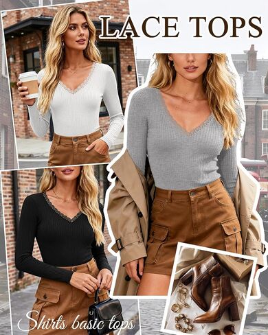 3 Pack Women's Long Sleeve Shirts, Cotton Knit T-Shirts Deep V Neck Lace Tees Slim Fit Tops Ribbed Y2k Blouses in Saudi Arabia