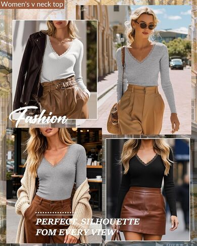 3 Pack Women's Long Sleeve Shirts, Cotton Knit T-Shirts Deep V Neck Lace Tees Slim Fit Tops Ribbed Y2k Blouses in Saudi Arabia