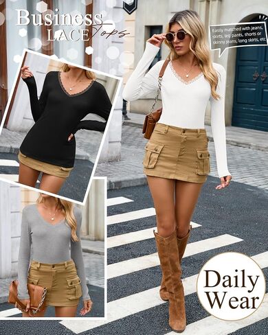 3 Pack Women's Long Sleeve Shirts, Cotton Knit T-Shirts Deep V Neck Lace Tees Slim Fit Tops Ribbed Y2k Blouses in Saudi Arabia