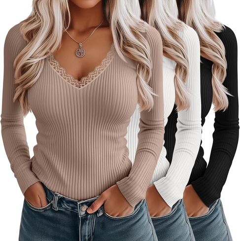 3 Pack Women's Long Sleeve Shirts, Cotton Knit T-Shirts Deep V Neck Lace Tees Slim Fit Tops Ribbed Y2k Blouses in Saudi Arabia