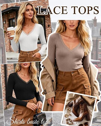 3 Pack Women's Long Sleeve Shirts, Cotton Knit T-Shirts Deep V Neck Lace Tees Slim Fit Tops Ribbed Y2k Blouses in Saudi Arabia