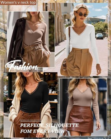 3 Pack Women's Long Sleeve Shirts, Cotton Knit T-Shirts Deep V Neck Lace Tees Slim Fit Tops Ribbed Y2k Blouses in Saudi Arabia