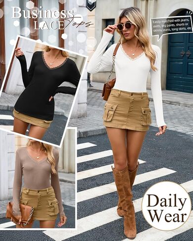 3 Pack Women's Long Sleeve Shirts, Cotton Knit T-Shirts Deep V Neck Lace Tees Slim Fit Tops Ribbed Y2k Blouses in Saudi Arabia