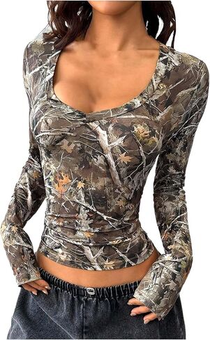 GORGLITTER Women's Y2k Camo Print Ruched Tee Top V Neck Long Sleeve Slim T Shirts in Saudi Arabia