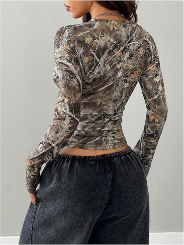 GORGLITTER Women's Y2k Camo Print Ruched Tee Top V Neck Long Sleeve Slim T Shirts in Saudi Arabia