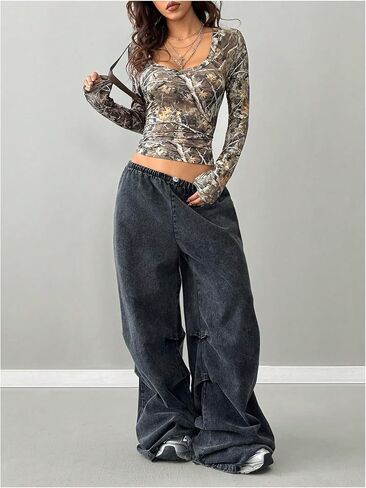 GORGLITTER Women's Y2k Camo Print Ruched Tee Top V Neck Long Sleeve Slim T Shirts in Saudi Arabia