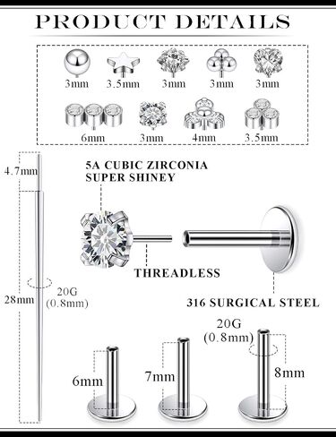 20G 18G 16G Threadless Flat Back Earrings Nose Studs 316L Surgical Steel Tragus Forward Helix Conch Cartilage Lobe Earrings Stud Medusa Labret Monroe Lip Ring Piercing Jewelry For Women Men in Saudi Arabia