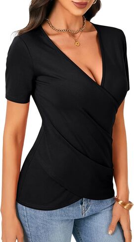 KIFOVEN Women’s Summer T Shirt Short Sleeve Deep v Neck Wrap Ruched Slim Fit Tees Shirt in Saudi Arabia