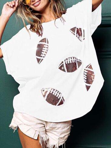 المرأة التألق كرة القدم الترتر الرجبي تي شيرت لعبة يوم البلوز تي شيرت Crewneck المتضخم قصيرة الأكمام غسلها القمم in Kuwait