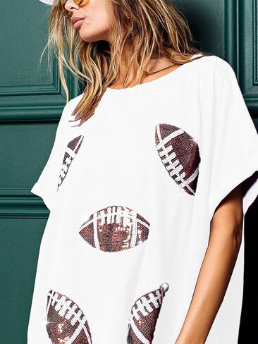 المرأة التألق كرة القدم الترتر الرجبي تي شيرت لعبة يوم البلوز تي شيرت Crewneck المتضخم قصيرة الأكمام غسلها القمم in Kuwait
