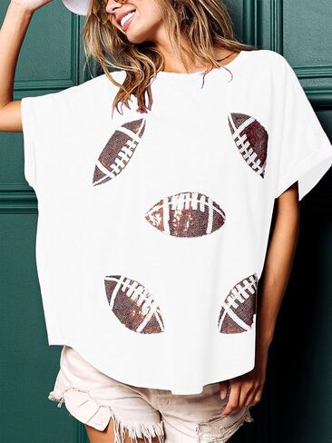 المرأة التألق كرة القدم الترتر الرجبي تي شيرت لعبة يوم البلوز تي شيرت Crewneck المتضخم قصيرة الأكمام غسلها القمم in Kuwait