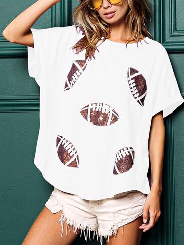 المرأة التألق كرة القدم الترتر الرجبي تي شيرت لعبة يوم البلوز تي شيرت Crewneck المتضخم قصيرة الأكمام غسلها القمم in Kuwait
