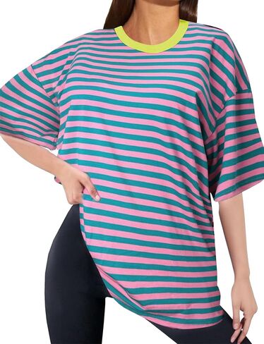 Buauty Womens Oversized Striped T Shirts, Color Block Tee Loose Fit Crew Neck Short Sleeve Tops Casual Summer Y2K 2025 Trendy in Saudi Arabia