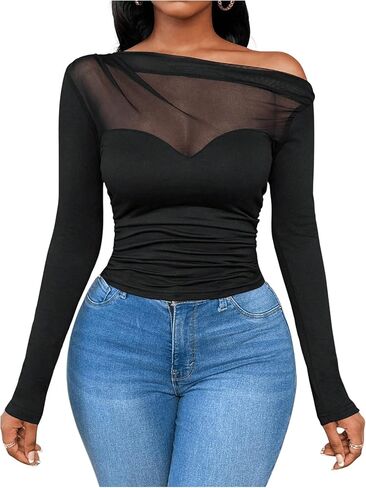 WDIRARA Women's One Shoulder Mesh Long Sleeve Tops Sexy Night Out Shirts in Saudi Arabia