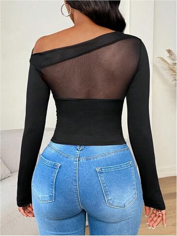 WDIRARA Women's One Shoulder Mesh Long Sleeve Tops Sexy Night Out Shirts in Saudi Arabia