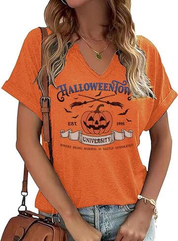 قمصان الهالوين للسيدات Halloweentown Est 1998 تي شيرت مضحك على شكل يقطين جرافيك تي شيرت على شكل حرف v تي شيرت خريف بأكمام قصيرة in Kuwait