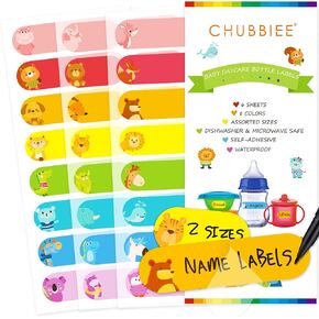 Baby Bottle Labels for Daycare, Self-Laminating, Waterproof Write-On Name Labels, Assorted Sizes & Colors, Pack of 64 (Animal Friends)