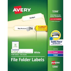 Avery 5366 Permanent Filing Labels, 1/3 Cut, 1500/BX, White