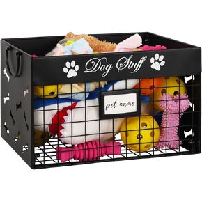 Dog Toy Bin - Metal Dog Toy Basket Box with Handles and Label Position Design Perfect for Pet Toys, Blankets, Clothes and Food (Not Included Label)
