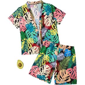 Verdusa Boy's 2 Piece Tropical Print Open Front Shirt Shorts Swimsuit Bathing Suit