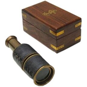 Marine Handicrafts, 4.5'' Antique, Vintage Brass & Leather Telescope/Spyglass With Wooden Box, A