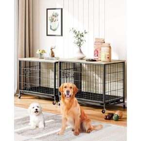 Dog Crate Furniture, 2024 New Furniture Style Dog Crate with Removable Tray and Wheels, Heavy-Duty Double-Doors Dog Cage End Table, 38.6" Wooden Dog Kennel, Indoor Dog House for Large Dogs, Grey