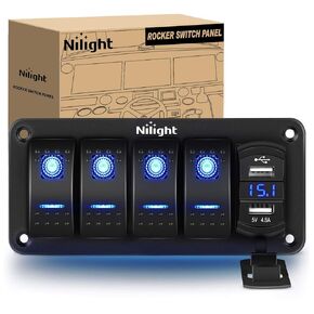 Nilight 4 Gang Rocker Switch Panel مع 4.8 أمبير شاحن USB مزدوج الفولتميتر مقاوم للماء 12 فولت 24 فولت تيار مستمر مفتاح الروك مع ملصقات توهج ليلي للسيارات والشاحنات والقوارب RVs، ضمان لمدة عامين