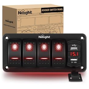 Nilight 4 Gang Rocker Switch Panel with 4.8 Amp Dual USB Charger Voltmeter Waterproof 12V 24V DC Rocker Switch with Night Glow Stickers for Car Trucks Boats RVs,2 Years Warranty