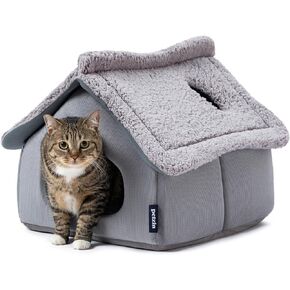 Pelzin Cat Houses for Indoor Cats - Large Cat Cave Bed with Removable Support Foam and Washable 2-Side Mat - Covered Cat Bed for Cat Hideaway - Enclosed Cat Hideout for Kitten and Small Pet, Grey