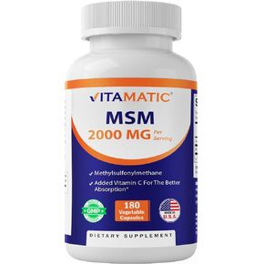 Vitamatic MSM 2000 mg with Vitamin C 75mg per Serving - 180 Veg Capsules - Vitamin C Aid in Better absopriton of MSM (Methylsulfonylmethane) - Non-GMO & Gluten Free