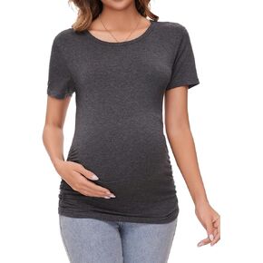 Brynmama Women's Maternity Tops Short Sleeve Ruched Maternity Shirt Basic Pregnancy Tshirt