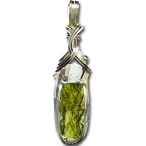 Rocks2Rings Genuine Moldavite Crystal - Large Herkimer Diamond Necklace Pendant - VERY High Vibration Czech Republic Tektite Healing Stone Mothers Day S61 (Sterling Silver, 1.81 gram moldavite, S)