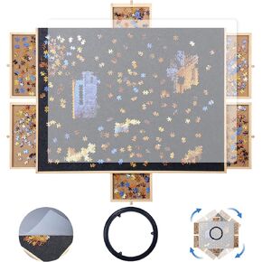 1500 Piece Puzzle Board,Wooden Jigsaw Puzzle Board with Drawers 35"X 27"Portable Puzzle Table Rotating Puzzle Table with Covers and Lazy Susan|Felt Cushion Felt Surface for Adults and Kids