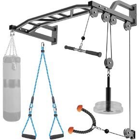 SELEWARE 48'' Heavy Duty Pull Up Bar Wall Mount Multi-function Chin up Bar with Home Gym Cable Pulley System LAT Pulldown Workout Attachments Heavy Bag Hanger